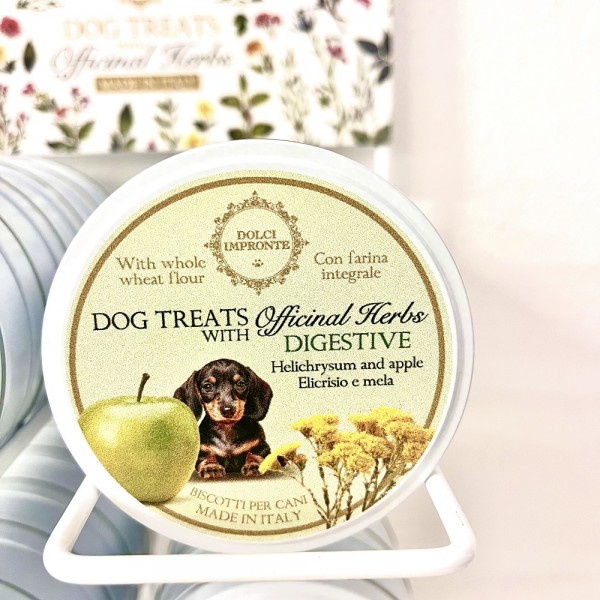 Dolci Impronte -DIGESTIVE  Dog Treats Erbe Officinali - Confezione 12 Scatole latta 36g -Fiore elicriso e mela